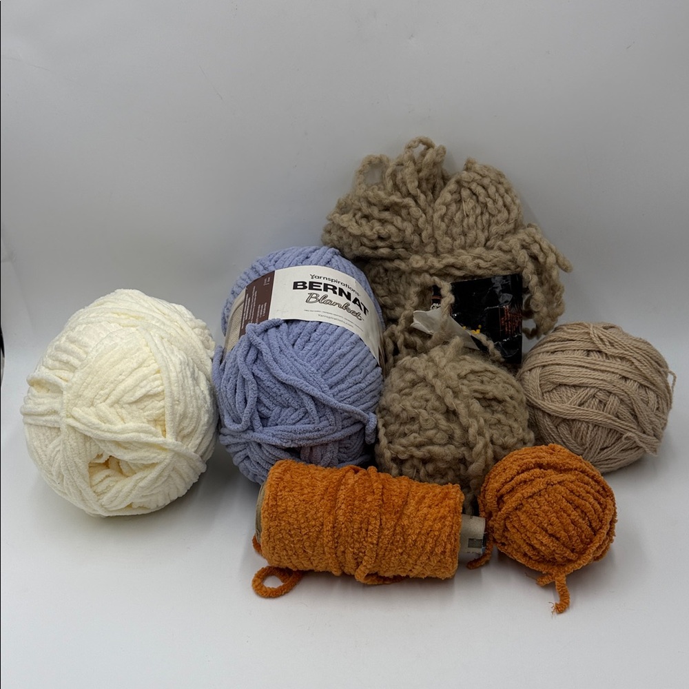 Assorted Bernat Yarn Bundle in Cream, Purple, Tan, and Orange